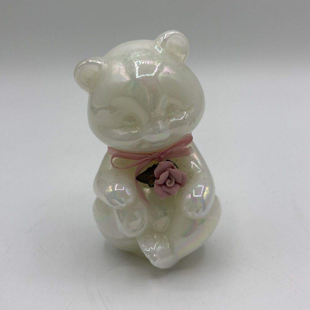 VINTAGE Fenton White Iridescent Art Glass Teddy Bear w/Porcelain Pink Rose USA